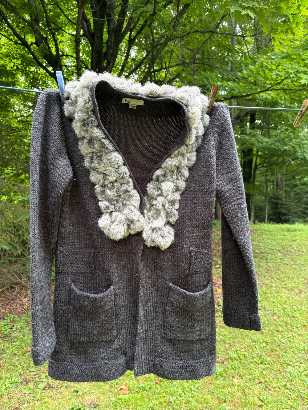 Puli Knit Cardigan with Rabbit Fur Trim - Gray